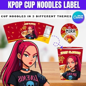 Kpop Demon Hunters, Cup Noodle Etiketter Ramyeon, Cosplay Party Huntrix Ramen, Rumi Mira Zoey, Kpop-fest, Utskrivbart paket, Halloween-fest bild 3