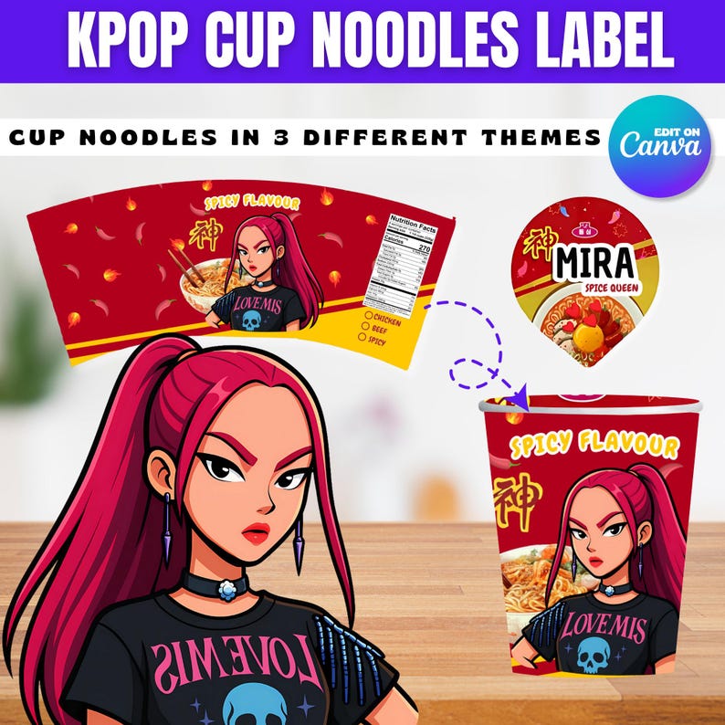 Kpop Demon Hunters, Cup Noodle Etiketter Ramyeon, Cosplay Party Huntrix Ramen, Rumi Mira Zoey, Kpop-fest, Utskrivbart paket, Halloween-fest bild 3