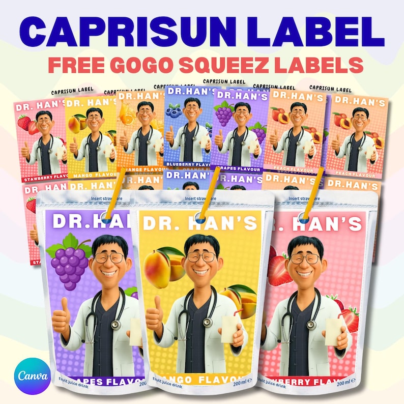 May include: CapriSun label design with fruit juice flavours. The design shows a smiling doctor with thumbs up, and the text "DR. HAN'S" and fruit names such as "Strawberry Flavour" and "Mango Flavour". Each pouch is 200 ml.