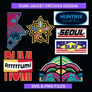May include: A selection of vibrant jacket patches featuring diverse designs. The patches display text including "RUMI," "SEOUL," and "SLAY," alongside graphic elements such as a starburst and stylized waves. The image also includes the text "SVG & PNG FILES."