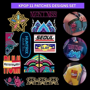 Puede incluir: Una colección de once diseños de parches KPOP sobre un fondo negro. Los parches presentan varios gráficos, incluyendo patrones florales, paisajes montañosos y texto como "WON'T MISS", "SEOUL" y "SLAY". Los parches son coloridos y vibrantes.