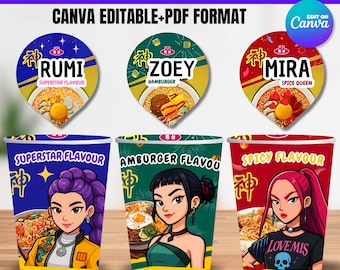 Kpop Demon Hunters, Cup Noodle Labels Ramyeon, Cosplay Party Huntrix Ramen, Rumi Mira Zoey, Kpop party, Printable pack, Halloween party