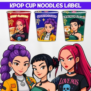 Kpop Demon Hunters, Cup Noodle Etiketter Ramyeon, Cosplay Party Huntrix Ramen, Rumi Mira Zoey, Kpop-fest, Utskrivbart paket, Halloween-fest bild 6