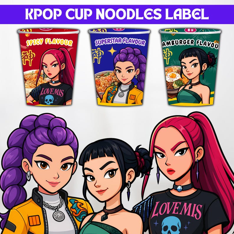 Kpop Demon Hunters, Cup Noodle Etiketter Ramyeon, Cosplay Party Huntrix Ramen, Rumi Mira Zoey, Kpop-fest, Utskrivbart paket, Halloween-fest bild 6