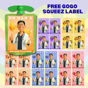 May include: An assortment of Dr. Han's fruit juice pouches in flavours such as orange, grapes, mango, peach, blueberry, and strawberry. The image includes a green pouch with an orange flavour label and the text "FREE GOGO SQUEEZ LABEL".