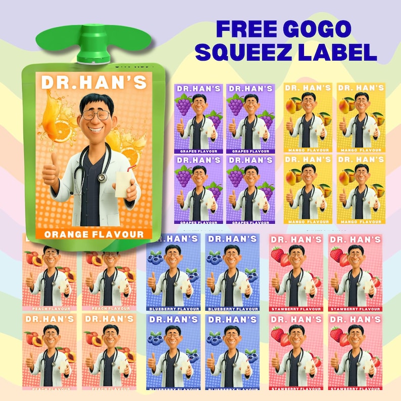 May include: An assortment of Dr. Han's fruit juice pouches in flavours such as orange, grapes, mango, peach, blueberry, and strawberry. The image includes a green pouch with an orange flavour label and the text "FREE GOGO SQUEEZ LABEL".