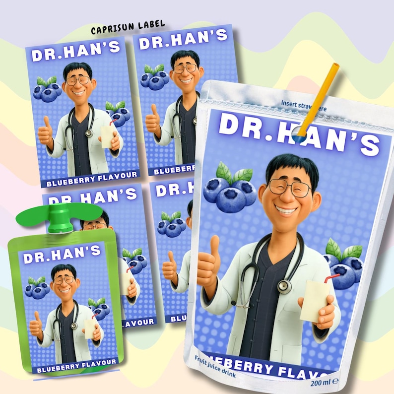 May include: Juice drink pouches with the text "DR. HAN'S" and "BLUEBERRY FLAVOUR". The pouches feature a cartoon doctor giving a thumbs up, with blueberries. One pouch has a straw, and another has a green cap.