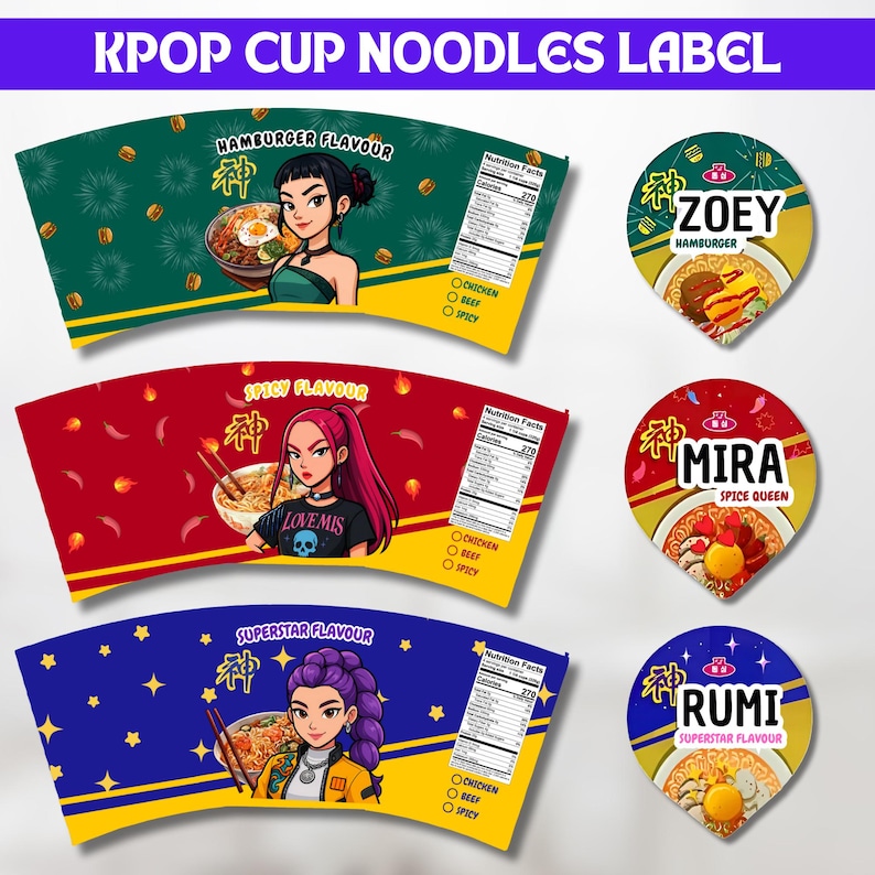 Kpop Demon Hunters, Cup Noodle Etiketter Ramyeon, Cosplay Party Huntrix Ramen, Rumi Mira Zoey, Kpop-fest, Utskrivbart paket, Halloween-fest bild 2