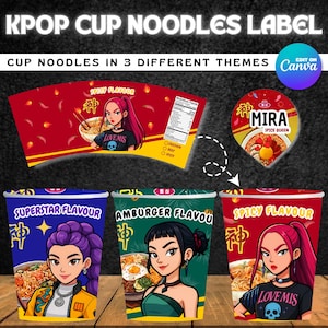 Kpop Demon Hunters, Cup Noodle Etiketter Ramyeon, Cosplay Party Huntrix Ramen, Rumi Mira Zoey, Kpop-fest, Utskrivbart paket, Halloween-fest bild 5