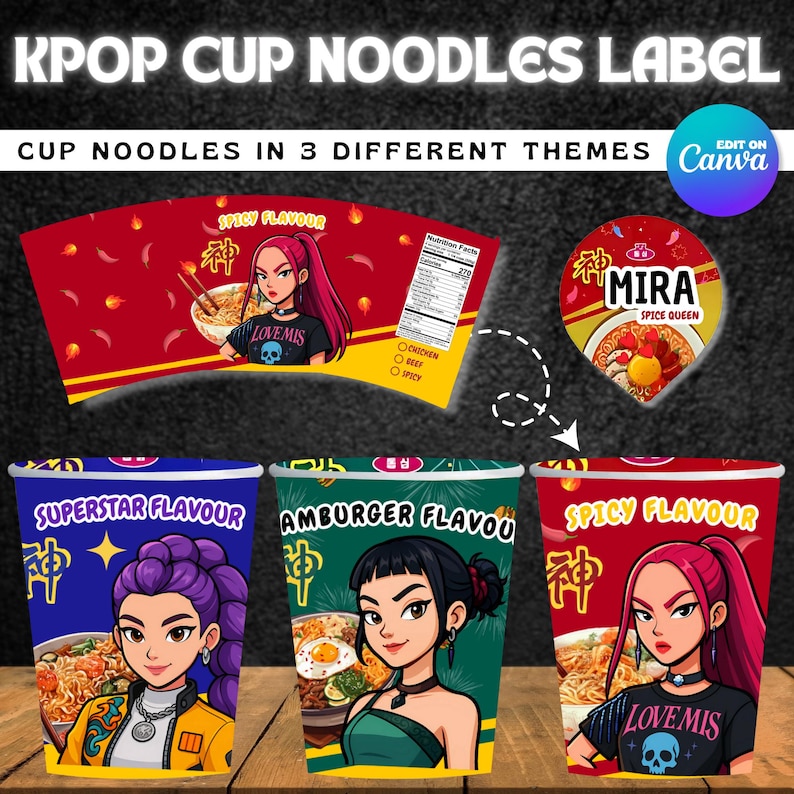 Kpop Demon Hunters, Cup Noodle Etiketter Ramyeon, Cosplay Party Huntrix Ramen, Rumi Mira Zoey, Kpop-fest, Utskrivbart paket, Halloween-fest bild 5