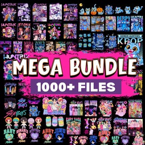 May include: A vibrant digital art compilation featuring various K-pop-themed designs. The image showcases a 'Mega Bundle' with over 1000 files, including character illustrations, logos, and text overlays. The color palette is dominated by pink, purple, and black.