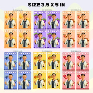 May include: A selection of vibrant product labels, each displaying a cartoon doctor with a thumbs-up gesture. The labels highlight different fruit flavours, such as orange, grapes, peach, blueberry, mango, and strawberry. The labels are 8.89 x 12.7 cm in size.