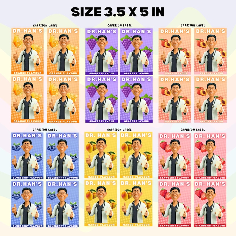May include: A selection of vibrant product labels, each displaying a cartoon doctor with a thumbs-up gesture. The labels highlight different fruit flavours, such as orange, grapes, peach, blueberry, mango, and strawberry. The labels are 8.89 x 12.7 cm in size.