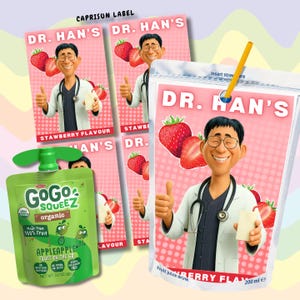 May include: Image of fruit juice drink packaging. The main product is a strawberry-flavoured juice drink from "Dr. Han's" with a cartoon doctor. Also shown is a green "GoGo squeeZ" apple sauce pouch. The text on the packaging includes "Strawberry Flavour" and "Fruit Juice Drink".