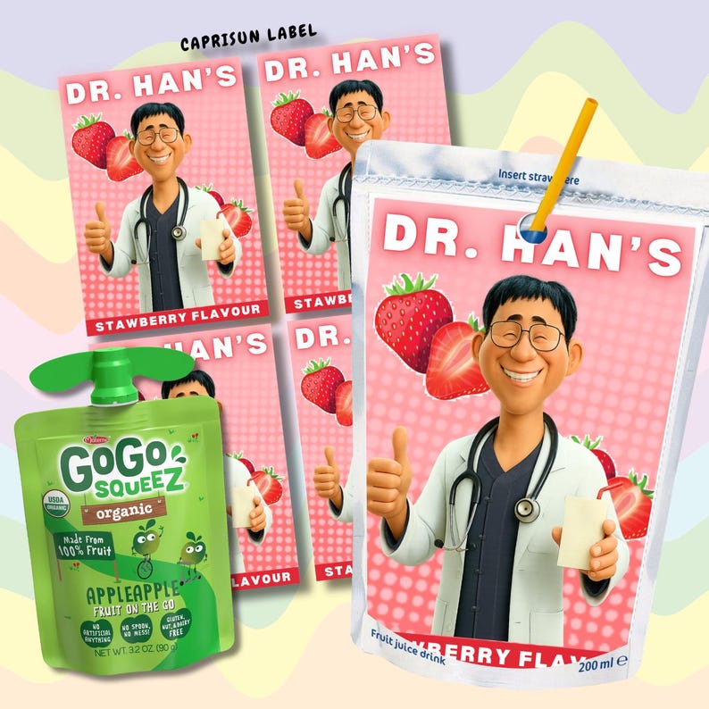 May include: Image of fruit juice drink packaging. The main product is a strawberry-flavoured juice drink from "Dr. Han's" with a cartoon doctor. Also shown is a green "GoGo squeeZ" apple sauce pouch. The text on the packaging includes "Strawberry Flavour" and "Fruit Juice Drink".