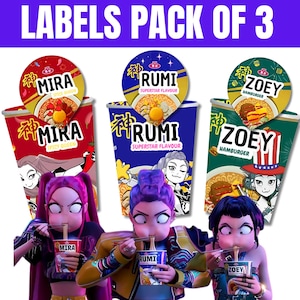 Op de afbeelding: Afbeelding van drie gestileerde instant noedelbekers met de labels "MIRA", "RUMI" en "ZOEY". Elke beker heeft een andere smaak: Spicy Queen, Superstar Flavour en Hamburger. De tekst "LABELS PACK OF 3" staat bovenaan.