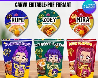 Kpop Demon Hunters, Cup Noodle Etiketter Ramyeon, Cosplay Party Huntrix Ramen, Rumi Mira Zoey, Kpop-fest, Utskrivbart paket, Halloween-fest