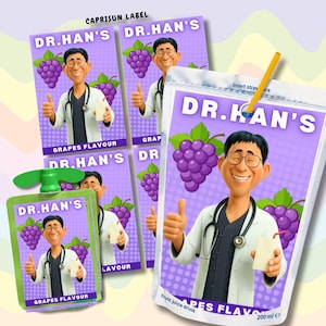 May include: Several grape-flavored juice drink pouches and a single juice box are shown. The pouches display a cartoon doctor with a stethoscope, grapes, and the text "DR. HAN'S GRAPES FLAVOUR". The juice box has a green cap and the same design.