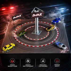 Op de afbeelding: Een miniatuur racebaan set met de tekst "DriftX" op borden en een centrale pilaar. Verschillende kleurrijke speelgoedauto's zijn gepositioneerd op de baan, die rode en witte strepen heeft. De basis van de set bevat pictogrammen en tekst.