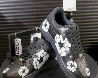 Custom AF1 Sneakers – Black Denim Tears Inspired Design | Hand-Painted Streetwear Gift