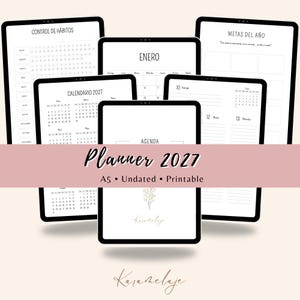 Puede incluir: Una visualización digital de un conjunto de agenda 2027 con varias páginas, incluyendo un rastreador de hábitos, un calendario anual, vistas mensuales y hojas de objetivos. Las páginas son blancas con texto negro y dibujos de plantas.