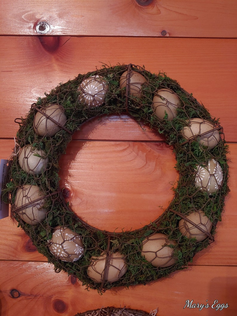 12 inch Real Chicken Egg Wreath with 3 Olive egger Chicken eggs decorated with the Drop Pull waxing method. image 1