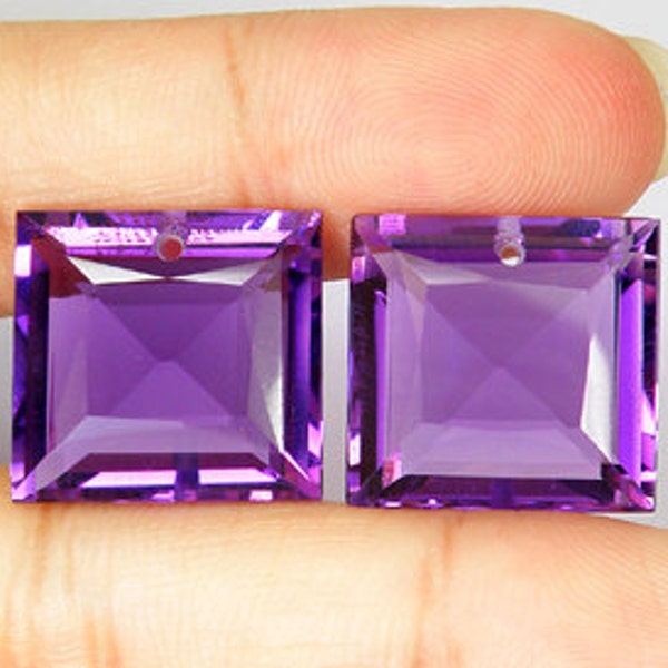 Amethyst Matched Pair Faceted and Drilled Square Cut 32 Carats, 16  x 15 MM