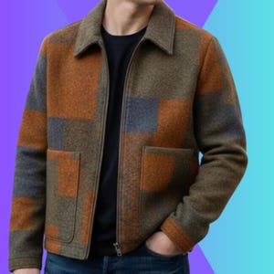 May include: A jacket in a plaid pattern of brown, orange, and grey, featuring a zip closure and two front pockets. It has a collared neckline and long sleeves. The jacket is made of a thick, textured material.