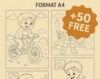 Puede incluir: Una portada de descarga digital beige con el texto "200 PÁGINAS PARA COLOREAR" y "DESCARGA INSTANTÁNEA FORMATO A4". La portada presenta cuatro ilustraciones de libros para colorear de niños con una bicicleta, una espada, un tren y un robot. Incluye el texto "+50 GRATIS".