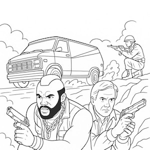 May include: Black and white line art illustration depicting a van, soldiers, and two men holding handguns. One man has a mohawk and beard. The other man is wearing a button-down shirt. A soldier is kneeling and aiming a rifle.