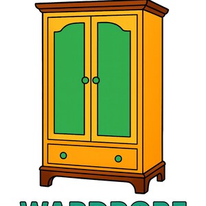 Peut inclure: Illustration d'une armoire jaune avec des panneaux de porte verts et un tiroir. Le mot "ARMOIRE" est au-dessus de l'armoire et le mot "WARDROBE" est en dessous. L'armoire a un dessus et une base marron.