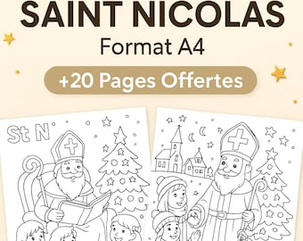 May include: A collection of coloring pages featuring Saint Nicholas, with the text "120 COLORIAGES DE SAINT NICOLAS Format A4 +20 Pages Offertes". The pages include illustrations of Saint Nicholas, children, and Christmas trees.