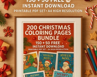 May include: A framed print with the text "200 Christmas Coloring Pages Bundle" and "150 + 50 Free Instant Download." The print includes several Christmas-themed coloring pages with illustrations of Santa Claus and Christmas trees. Decorative elements include candy canes and ornaments.