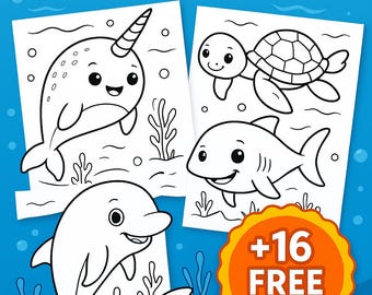 May include: A blue background with the text "40 SEA ANIMALS COLORING PAGES". The image features line drawings of a narwhal, turtle, shark, and dolphin. A bonus sticker reads "+16 FREE BONUS (Total 56)".