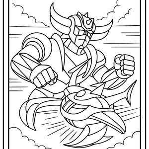 Peut inclure: Illustration en noir et blanc d'un personnage de robot avec de grandes cornes, les poings serrés et un véhicule stylisé. L'image est placée sur un fond de ciel nuageux, adaptée pour être coloriée ou comme graphique.