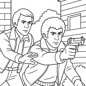 Könnte beinhalten: Schwarz-Weiß-Strichzeichnung von zwei Männern in Jacken, einer hält eine Handfeuerwaffe. Der andere Mann hat die Hand ausgestreckt, als wollte er jemanden aufhalten. Eine Backsteinmauer und ein Gebäude sind im Hintergrund.