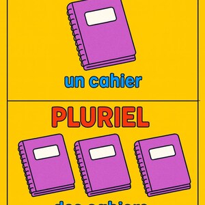 May include: A yellow background with the words "SINGULIER" and "PLURIEL" in red. Below "SINGULIER" is a purple notebook with the text "un cahier" in blue. Below "PLURIEL" are three purple notebooks with the text "des cahiers" in blue.