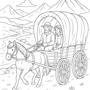Peut inclure: Illustration en noir et blanc d'une charrette couverte tirée par un cheval, avec deux personnes à l'intérieur. Le chariot traverse un paysage avec des montagnes, une rivière et des nuages.
