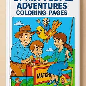 Peut inclure: Un livre de coloriage intitulé "81 Tiny People Adventures Coloring Pages" avec une illustration colorée d'une famille et d'un oiseau. La couverture présente le texte "50+31 BONUS FREE".