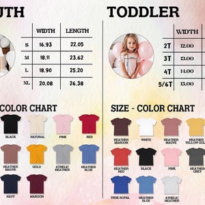 Może przedstawiać: Tabela rozmiar&oacute;w i kolor&oacute;w dla t-shirt&oacute;w dla młodzieży i małych dzieci. Tabela zawiera wymiary w cm dla szerokości i długości oraz paletę kolor&oacute;w z r&oacute;żnymi opcjami, takimi jak biały, czarny, r&oacute;żowy i niebieski. Obrazek przedstawia r&oacute;wnież dziewczynkę w koszulce.