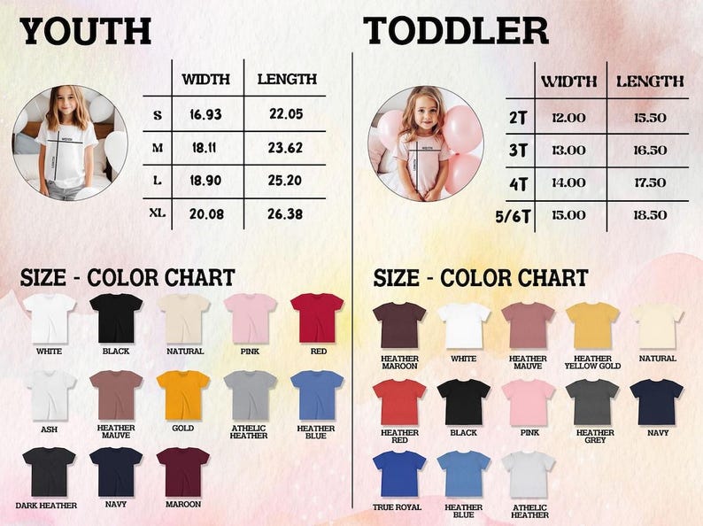 K&ouml;nnte beinhalten: Eine Gr&ouml;&szlig;en- und Farbtabelle f&uuml;r T-Shirts f&uuml;r Jugendliche und Kleinkinder. Der Jugendbereich zeigt die Gr&ouml;&szlig;en S bis XL mit Breiten- und L&auml;ngenma&szlig;en in Zoll. Der Kleinkindbereich zeigt die Gr&ouml;&szlig;en 2T bis 5/6T. Farboptionen sind Wei&szlig;, Schwarz, Pink, Rot und mehr.