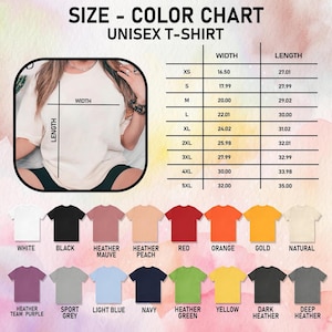 K&ouml;nnte beinhalten: Gr&ouml;&szlig;en- und Farbtabelle f&uuml;r ein Unisex-T-Shirt. Die Tabelle zeigt Ma&szlig;e in Zoll f&uuml;r verschiedene Gr&ouml;&szlig;en von XS bis 5XL. Farboptionen sind Wei&szlig;, Schwarz, Heather Mauve, Rot, Orange, Gold und mehr.