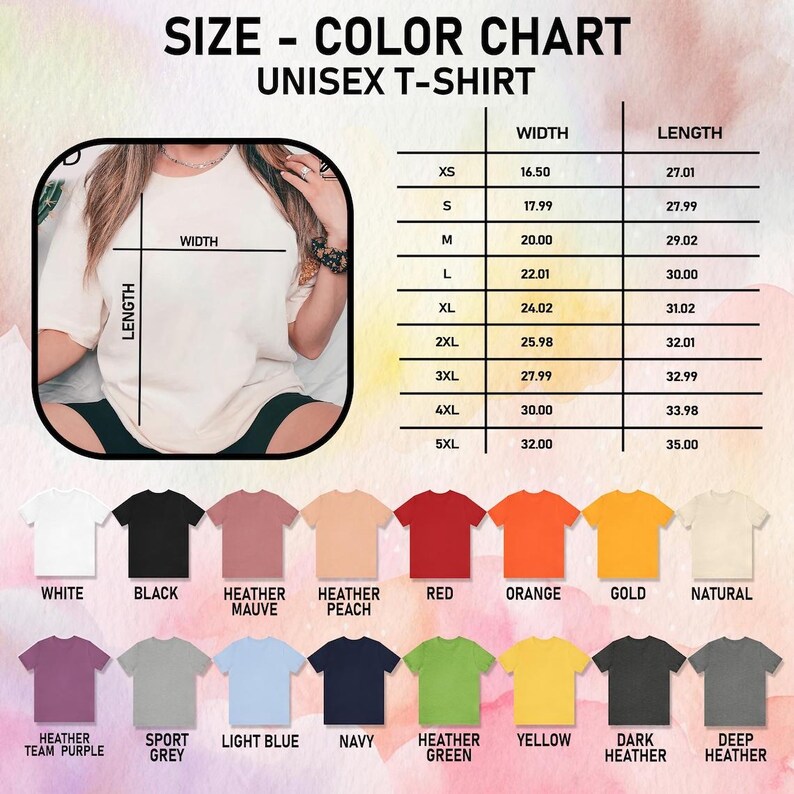K&ouml;nnte beinhalten: Gr&ouml;&szlig;en- und Farbtabelle f&uuml;r ein Unisex-T-Shirt. Die Tabelle zeigt Ma&szlig;e in Zoll f&uuml;r verschiedene Gr&ouml;&szlig;en von XS bis 5XL. Farboptionen sind Wei&szlig;, Schwarz, Heather Mauve, Rot, Orange, Gold und mehr.