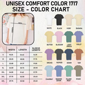 Może przedstawiać: Tabela rozmiar&oacute;w i kolor&oacute;w dla koszulek Unisex Comfort Color 1717. Tabela zawiera przewodnik po rozmiarach z wymiarami w calach dla szerokości, długości i długości rękawa. Opcje kolor&oacute;w obejmują biały, czarny, kość słoniową, bananowy, maślany, kwiatowy, jasnozielony, fioletowy, orchideowy, pieprzowy, dżinsowy, pochrzyn, chambay, sprany dżins, rafa wyspowa i khaki.