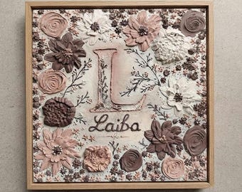 Toile florale 3D personnalisée | Décoration murale personnalisée avec initiale