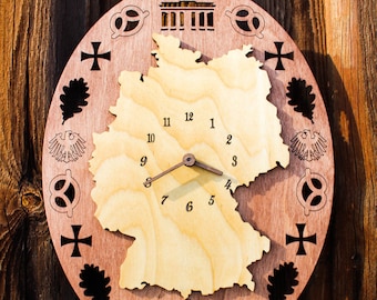 Wooden clock / Germany map / Wood wall clock / Silent wall clock /  Large wall clock / Vintage wall clock / Custom clock / Wood clock