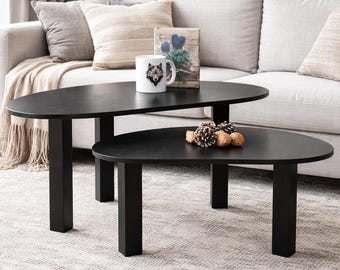 Tavolino da caffè ovale nero, in compensato di betulla, stile scandinavo moderno