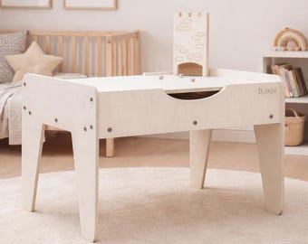 Montessori Activity Table with Storage, Wooden Kids Desk, Playroom Furniture