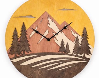 Handmade Mountainscape Wooden Wall Clock – Rustic Cabin Decor