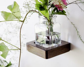 Minimalist Wall Vase | Wooden Wall-Mounted Flower Holder | Handmade Glass Vase Shelf for Dried or Fresh Flowers